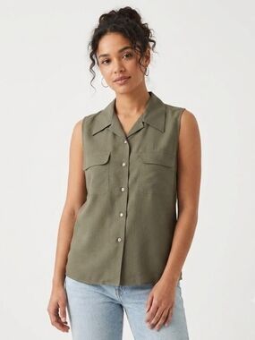 Vintage Backroad Blues 100% Silk Olive Green Sleeveless Button Up Blouse Size M